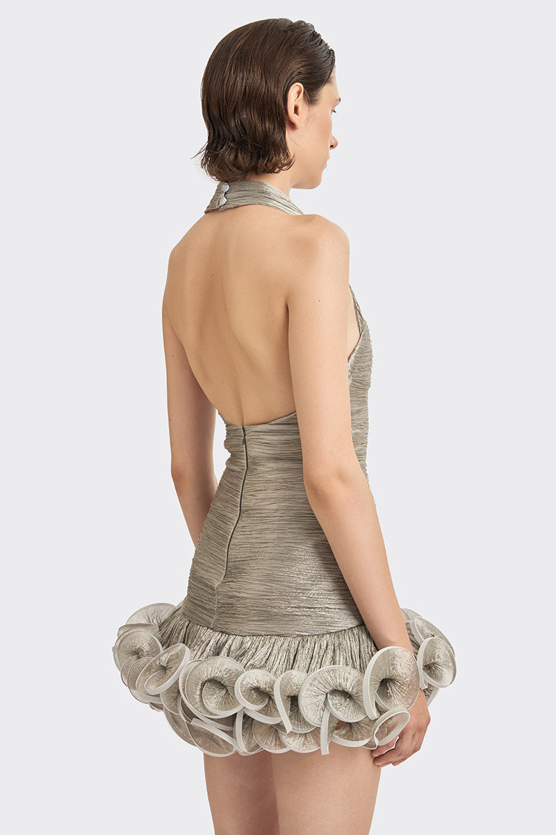 Gray Stolen Stores Ms. Tutu halter mini dress displayed on a mannequin, showcasing its stylish design and fit.