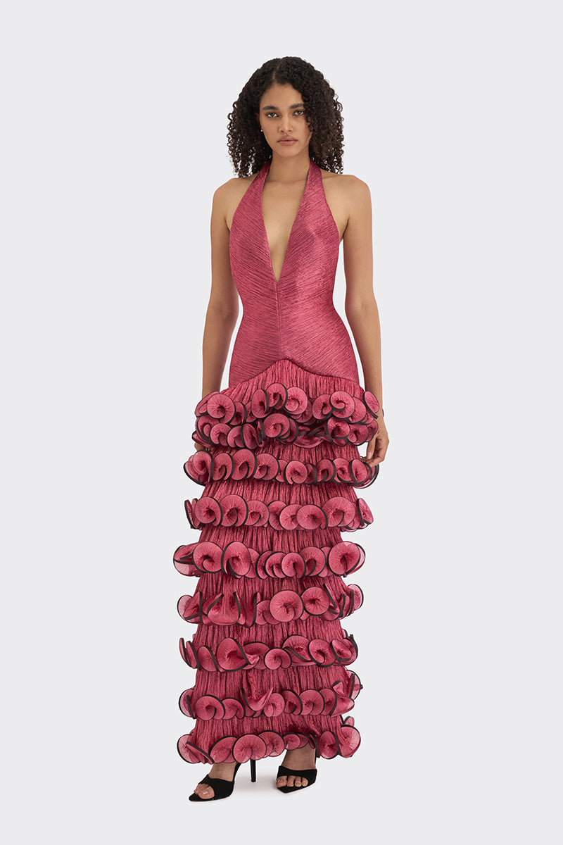 Burgundy MS. Tutu V-neck maxi dress by Stolen Stores featuring a flowing silhouette and elegant V-neck design.