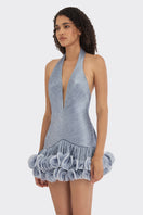 Dusty blue V-neck mini dress by Stolen Stores featuring a fitted silhouette and stylish short sleeves.