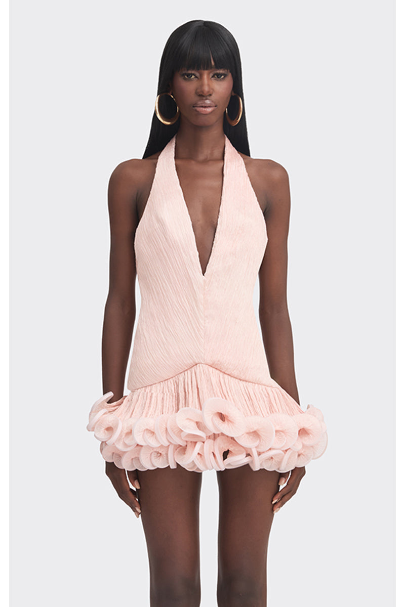 Stolen Stores Ms. Tutu V-neck mini dress in peach, sleeveless with a fitted silhouette and subtle detailing.