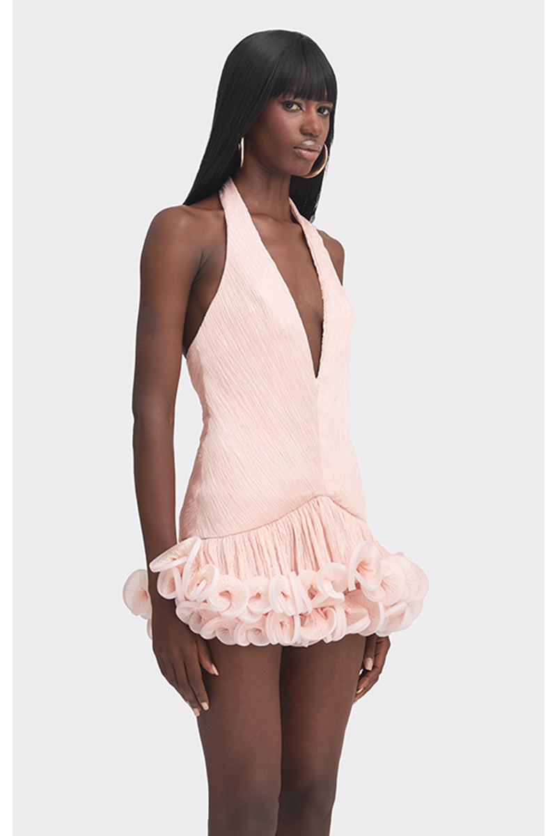 Stolen Stores Ms. Tutu V-neck mini dress in peach, sleeveless with a fitted silhouette, displayed on a hanger.
