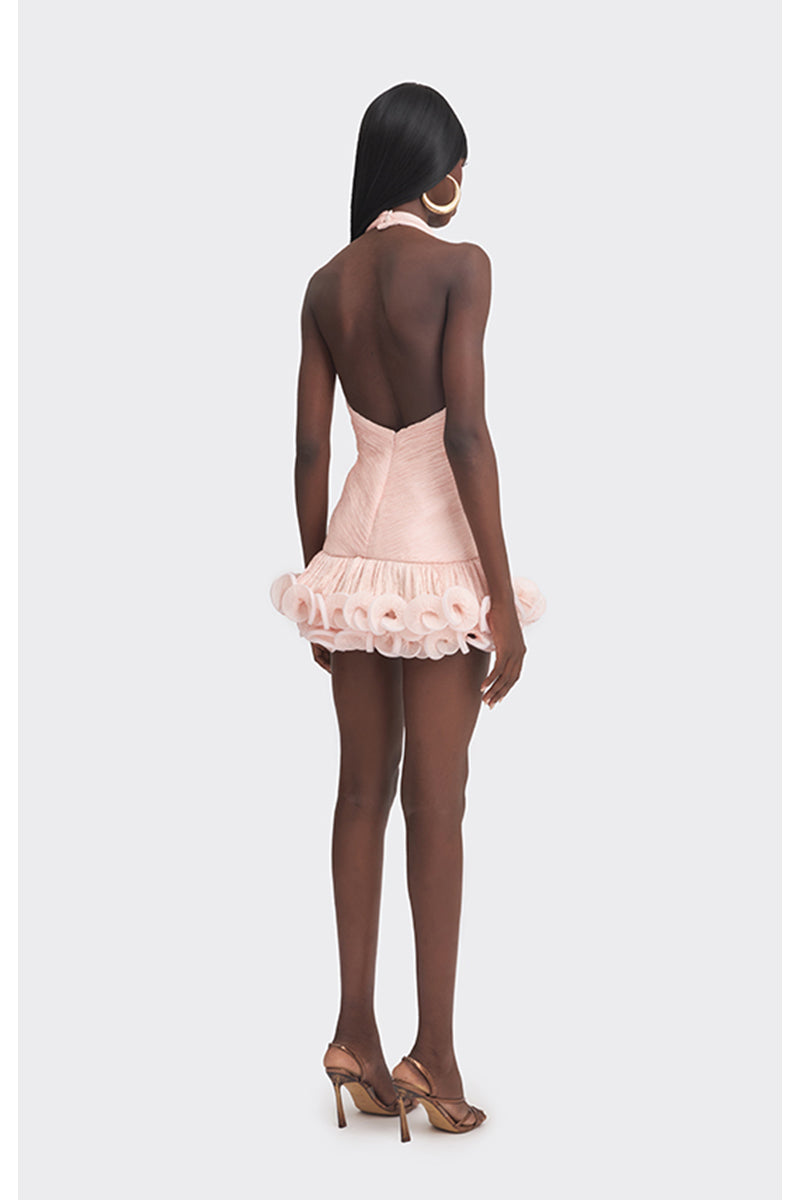 Stolen Stores peach V-neck mini dress featuring a fitted silhouette and short sleeves, perfect for casual or semi-formal occasions.