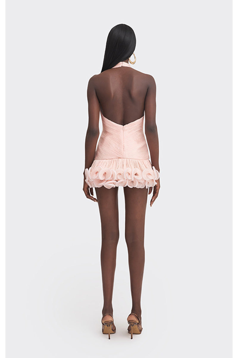 Stolen Stores Ms. Tutu V-neck mini dress in peach, featuring a fitted silhouette and sleeveless design.