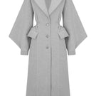 Gray wool coat for women from Stolen Stores' Ms. Doll collection, shown hanging on a wooden hanger.
