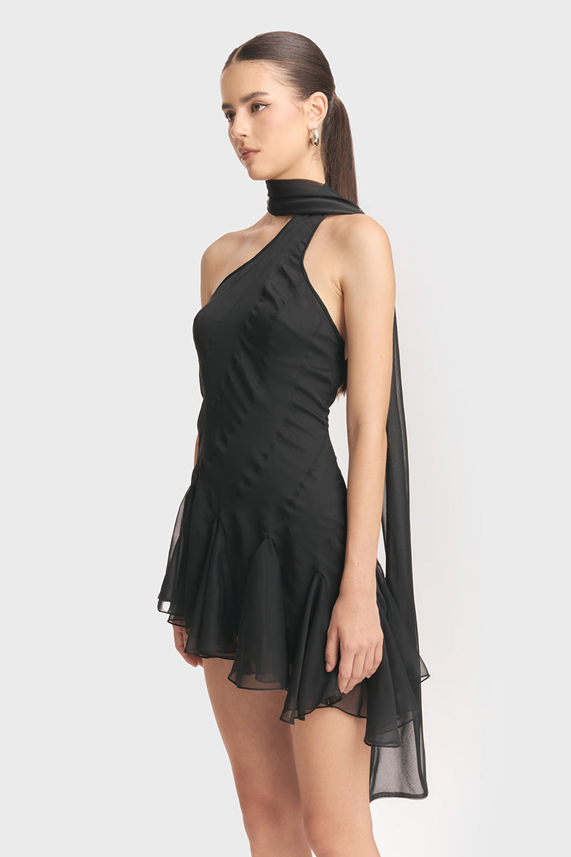 MS. GODET ASYMMETRIC BLACK MINI DRESS - CULT MIA