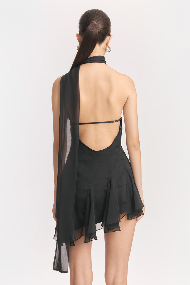 MS. GODET ASYMMETRIC BLACK MINI DRESS - CULT MIA