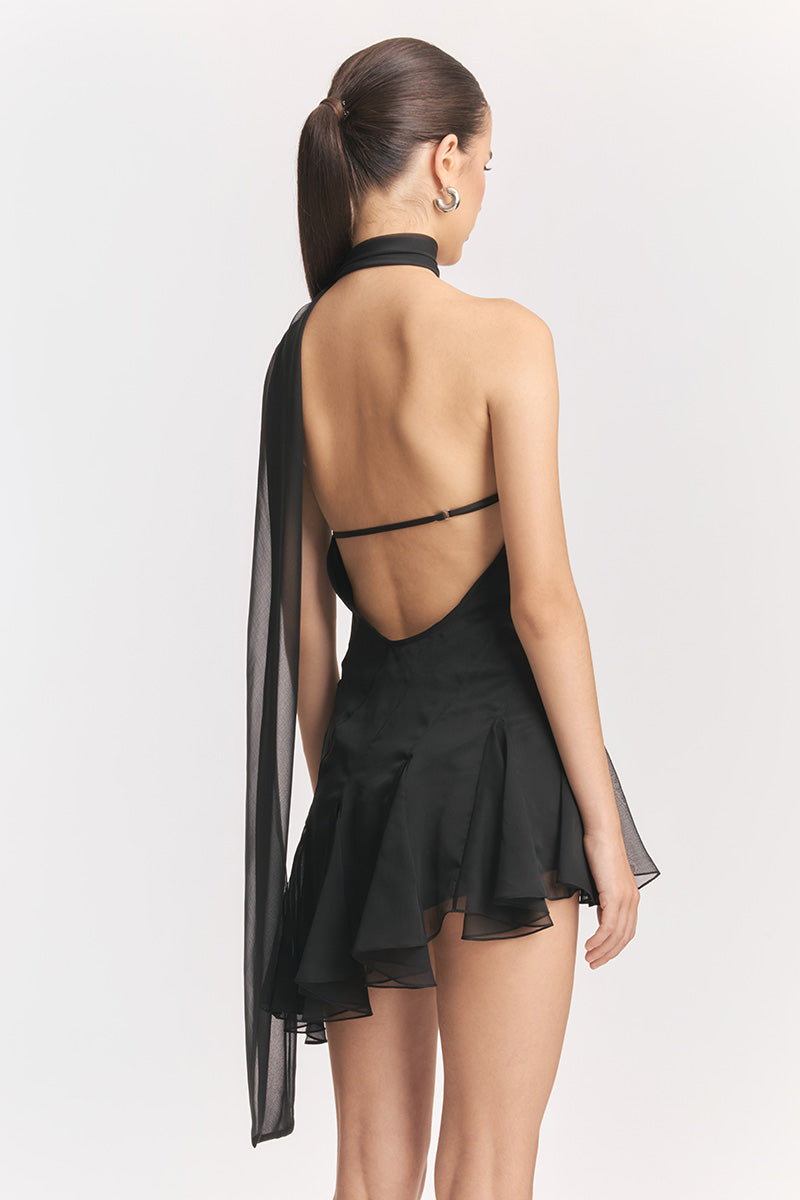 MS. GODET ASYMMETRIC BLACK MINI DRESS - CULT MIA