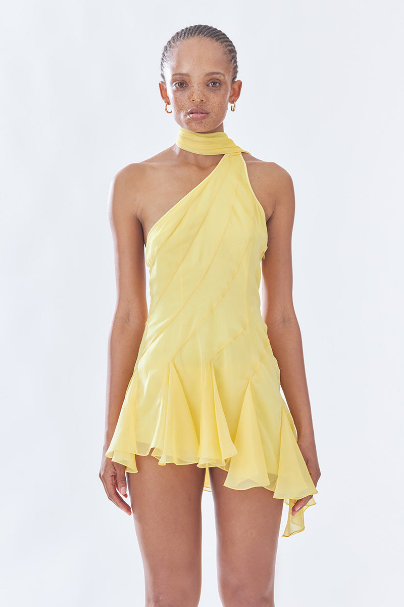 MS. GODET ASYMMETRIC YELLOW MINI DRESS - CULT MIA