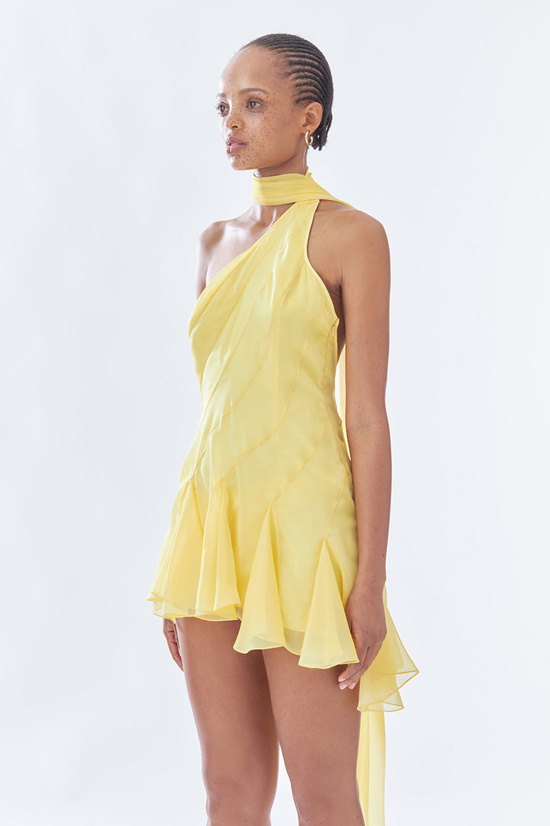 MS. GODET ASYMMETRIC YELLOW MINI DRESS - CULT MIA