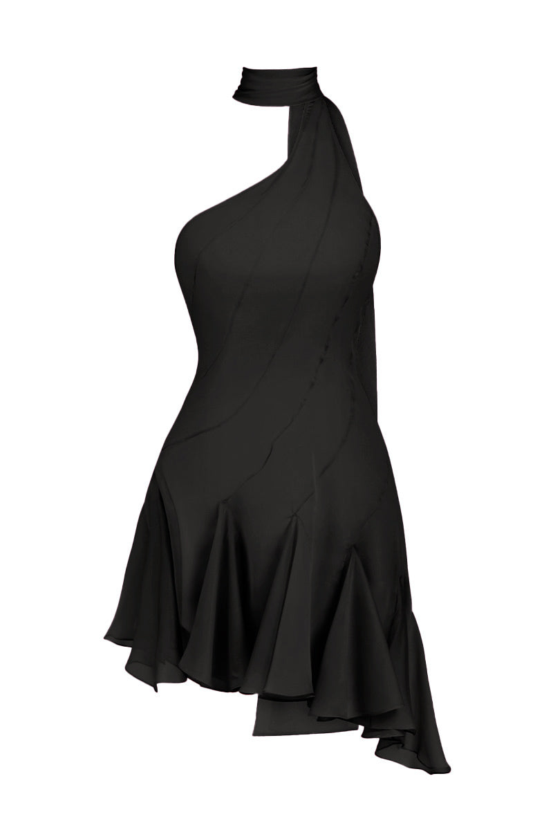 MS. GODET ASYMMETRIC BLACK MINI DRESS - CULT MIA