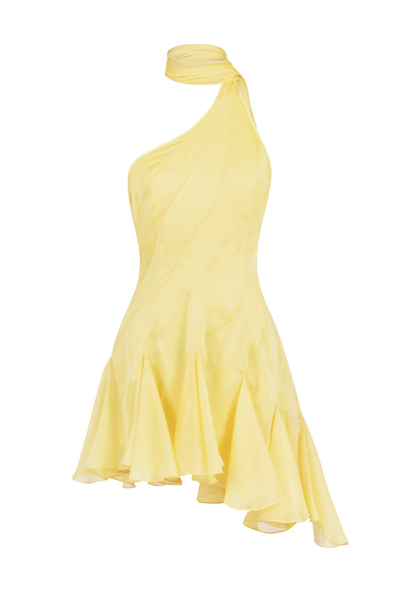MS. GODET ASYMMETRIC YELLOW MINI DRESS | CULT MIA