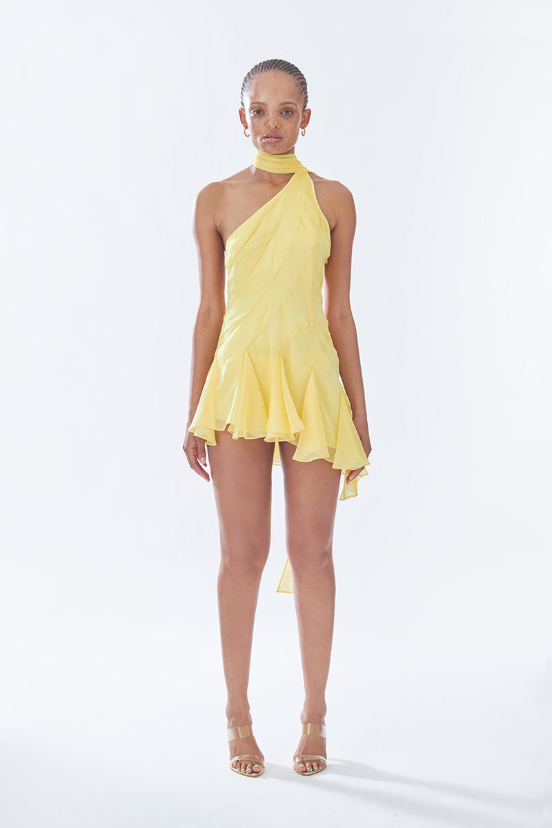 MS. GODET ASYMMETRIC DRESS IN YELLOW - CULT MIA