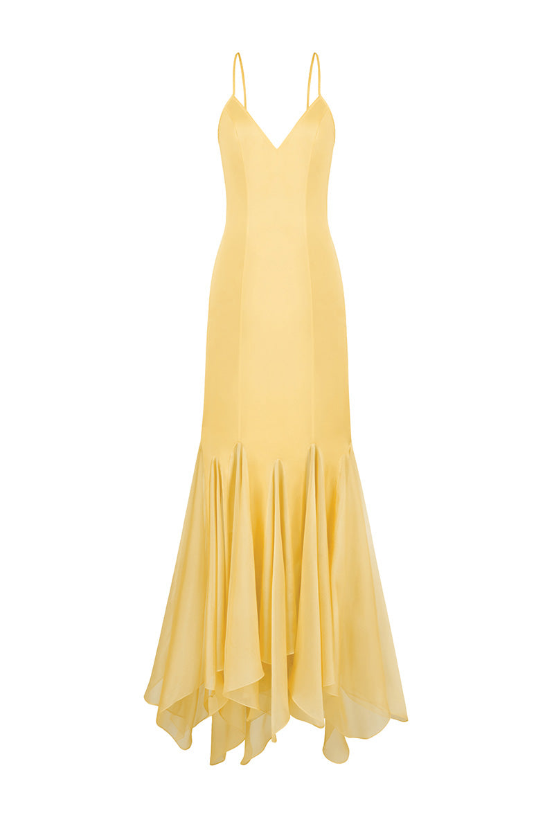 MS. GODET MAXI SLIP DRESS IN YELLOW - CULT MIA