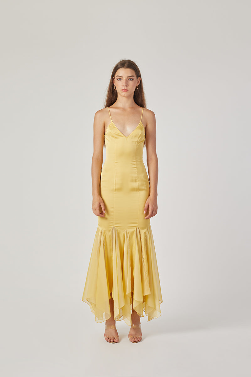 MS. GODET MAXI SLIP DRESS IN YELLOW - CULT MIA