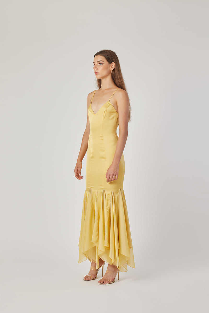 MS. GODET MAXI SLIP DRESS IN YELLOW - CULT MIA