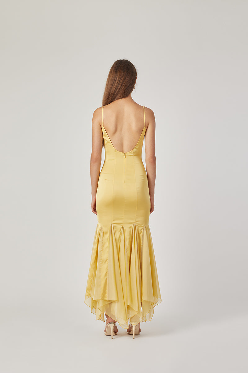 MS. GODET MAXI SLIP DRESS IN YELLOW - CULT MIA