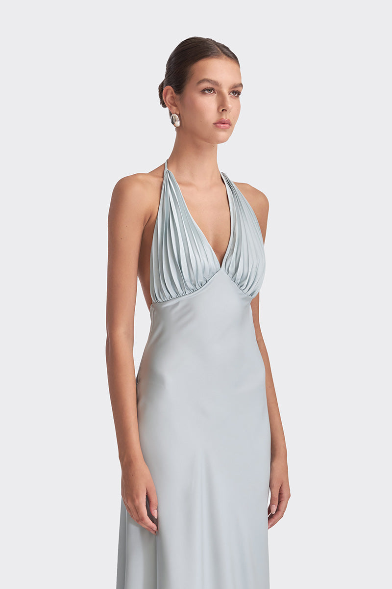 Dusty blue MS. Pleat maxi dress by Stolen Stores featuring pleated fabric and a flowing silhouette.