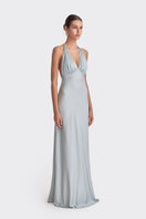 Dusty blue MS. PLEAT MAXI DRESS by Stolen Stores, featuring flowing pleats and a stylish maxi length, shown on a model.