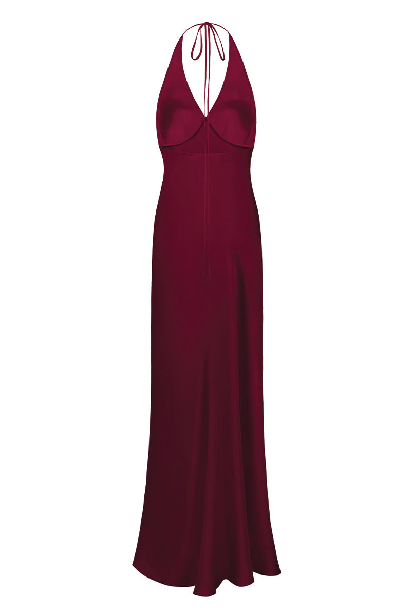 Stolen Stores Ms. Pleat gown in Rose Apple color, elegant maxi dress with pleated design, shown from the back.
