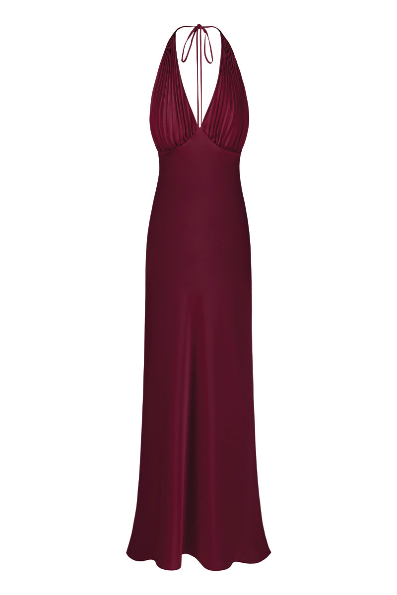 Stolen Stores MS. Pleat gown in Rose Apple color, showcasing a flowing, pleated maxi dress with a front view.