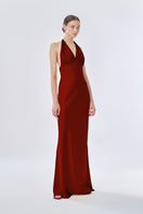 Stolen Stores MS. Pleat gown in Rose Apple color, featuring a flowing maxi dress design with pleated details and elegant style.