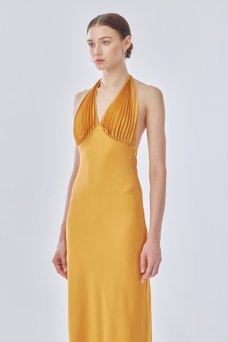 MS. PLEAT MAXI DRESS IN YELLOW MUSTARD - CULT MIA