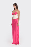 Hot pink and beige bustier top from Stolen Stores, featuring a two-tone design with a sweetheart neckline and fitted style.