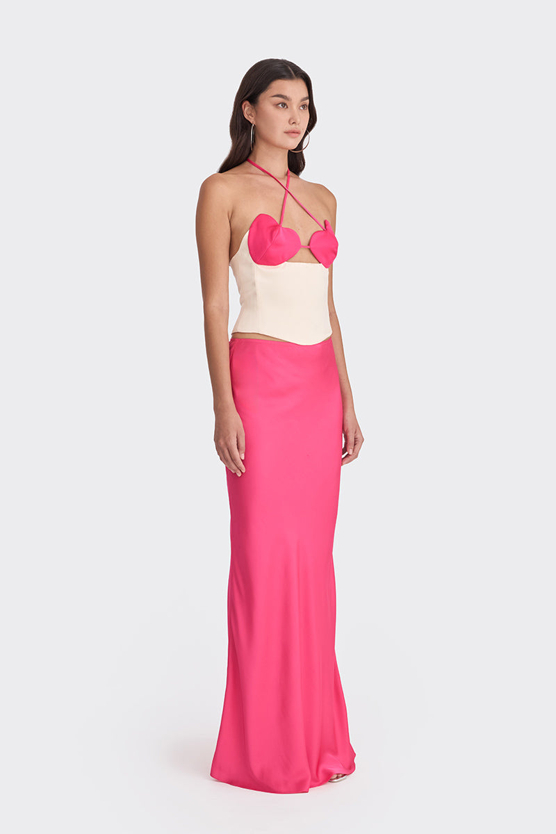 Hot pink and beige bustier top by Stolen Stores featuring a two-tone design and structured fit.