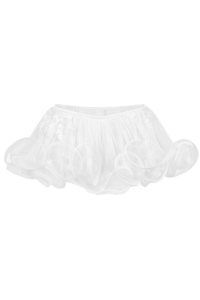 White mini skirt from Stolen Stores featuring a fitted design and front view, perfect for casual or stylish outfits.