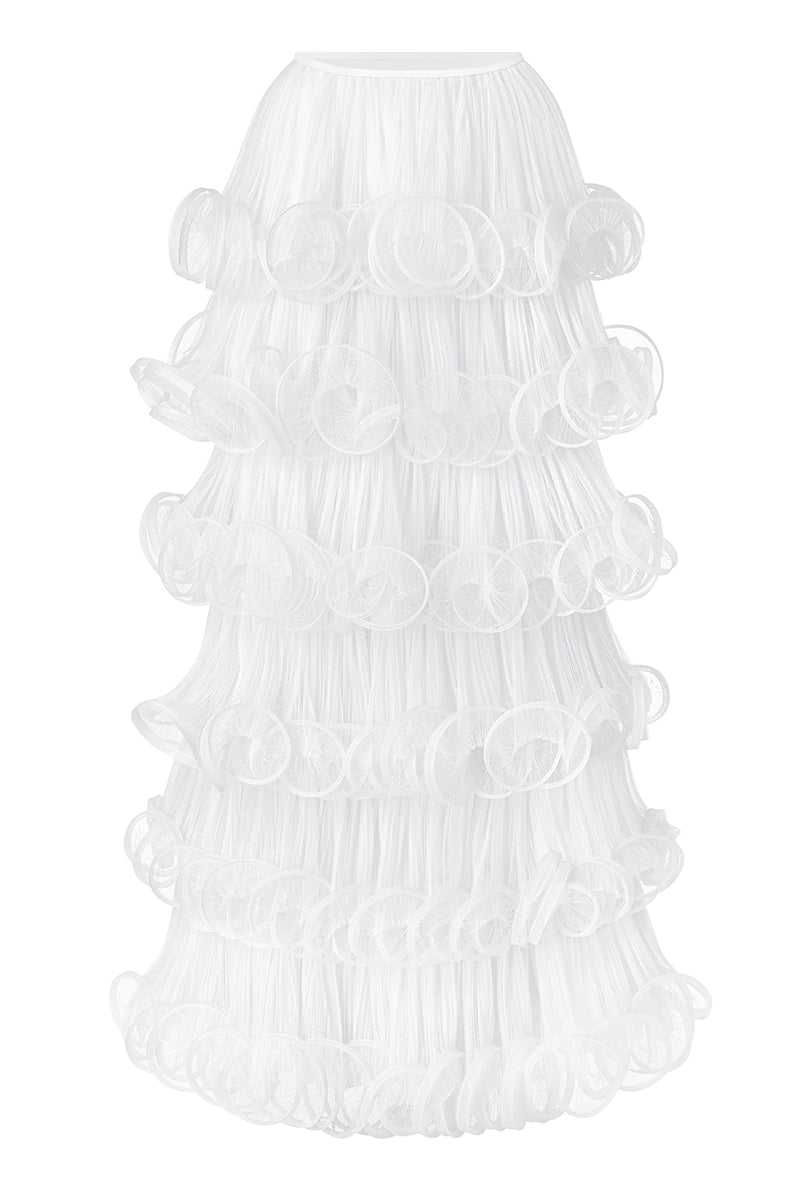 Elegant off-white maxi skirt with six layered ruffles from Stolen Stores, showcased in a flowing, stylish design.