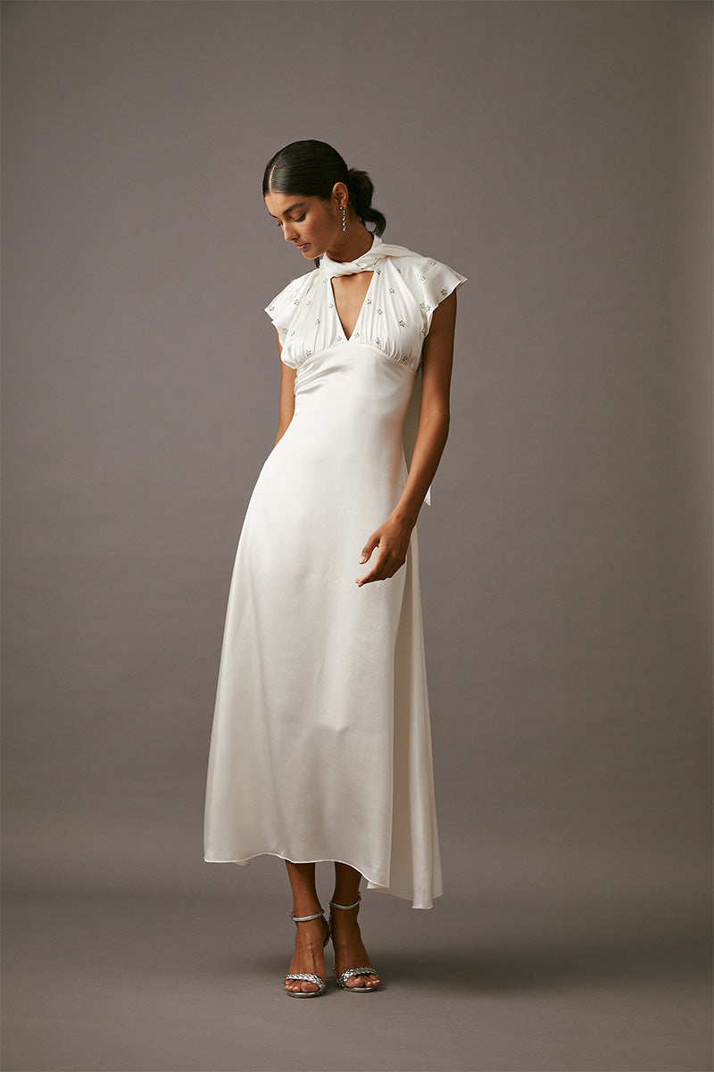 Elegant MUMTAAZ embellished maxi dress in pearl with intricate detailing, designed by MASTANI, perfect for special occasions.