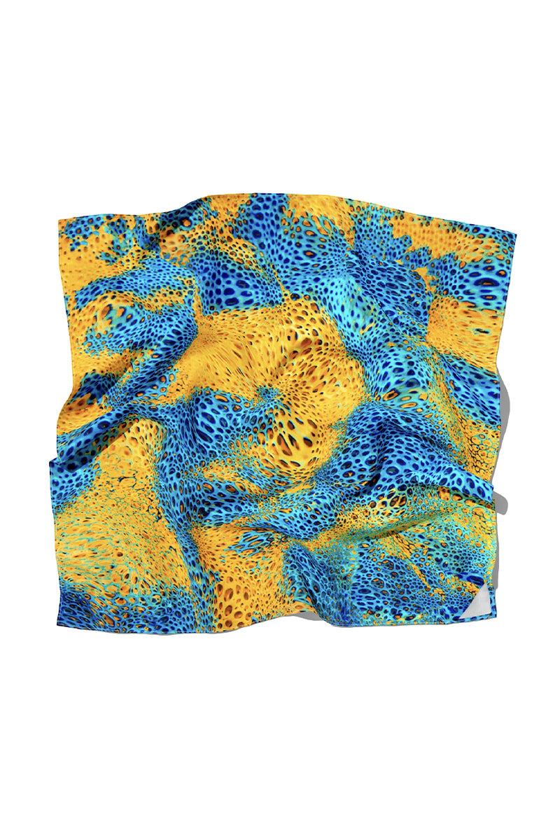 Elegant silk scarf by Amel Batita featuring intricate MUNIR MOUSSARD design in rich, vibrant colors.