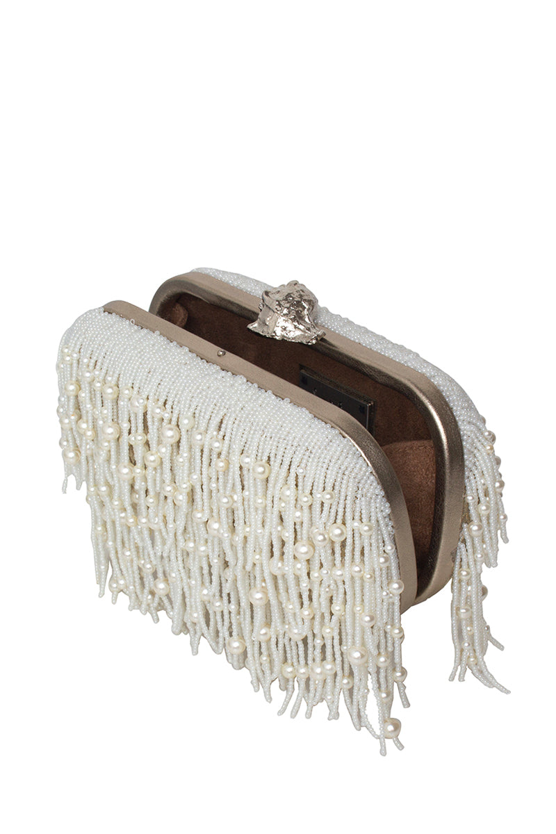 White Murex Pearl Cascade Box Clutch by Sarah's Bag featuring intricate pearl detailing and a sleek, elegant design.