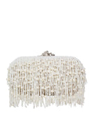 White Murex Pearl Cascade box clutch by Sarah's Bag featuring intricate pearl detailing and a sleek, elegant design.