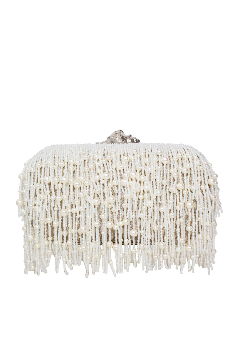 White Murex Pearl Cascade box clutch by Sarah's Bag featuring intricate pearl detailing and a sleek, elegant design.