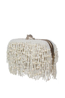 White Murex Pearl Cascade box clutch by Sarah's Bag featuring intricate pearl detailing and a sleek, compact design.