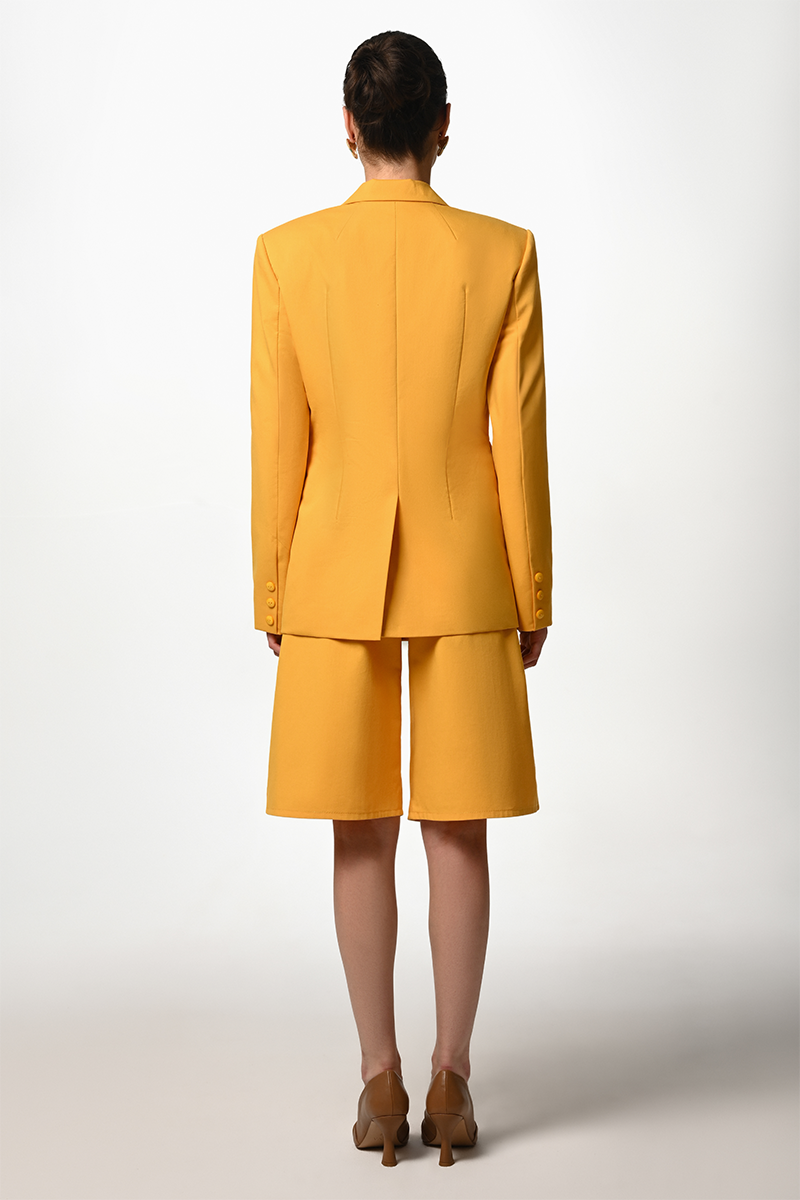 Liya mustard blazer in vibrant yellow, tailored blazer with lapels and button closure, stylish and versatile for professional wear.
