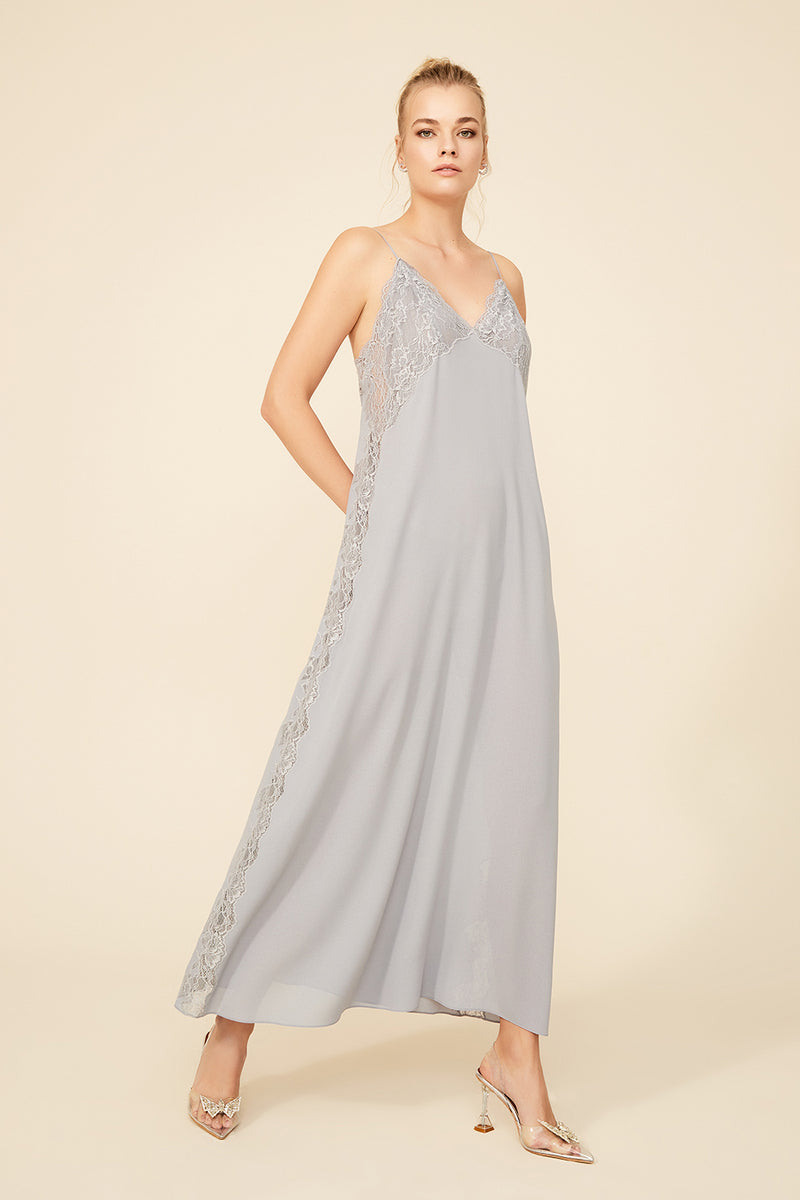 AMY LONG SILKY STRAPPED LIGHT GREY NIGHTGOWN - CULT MIA