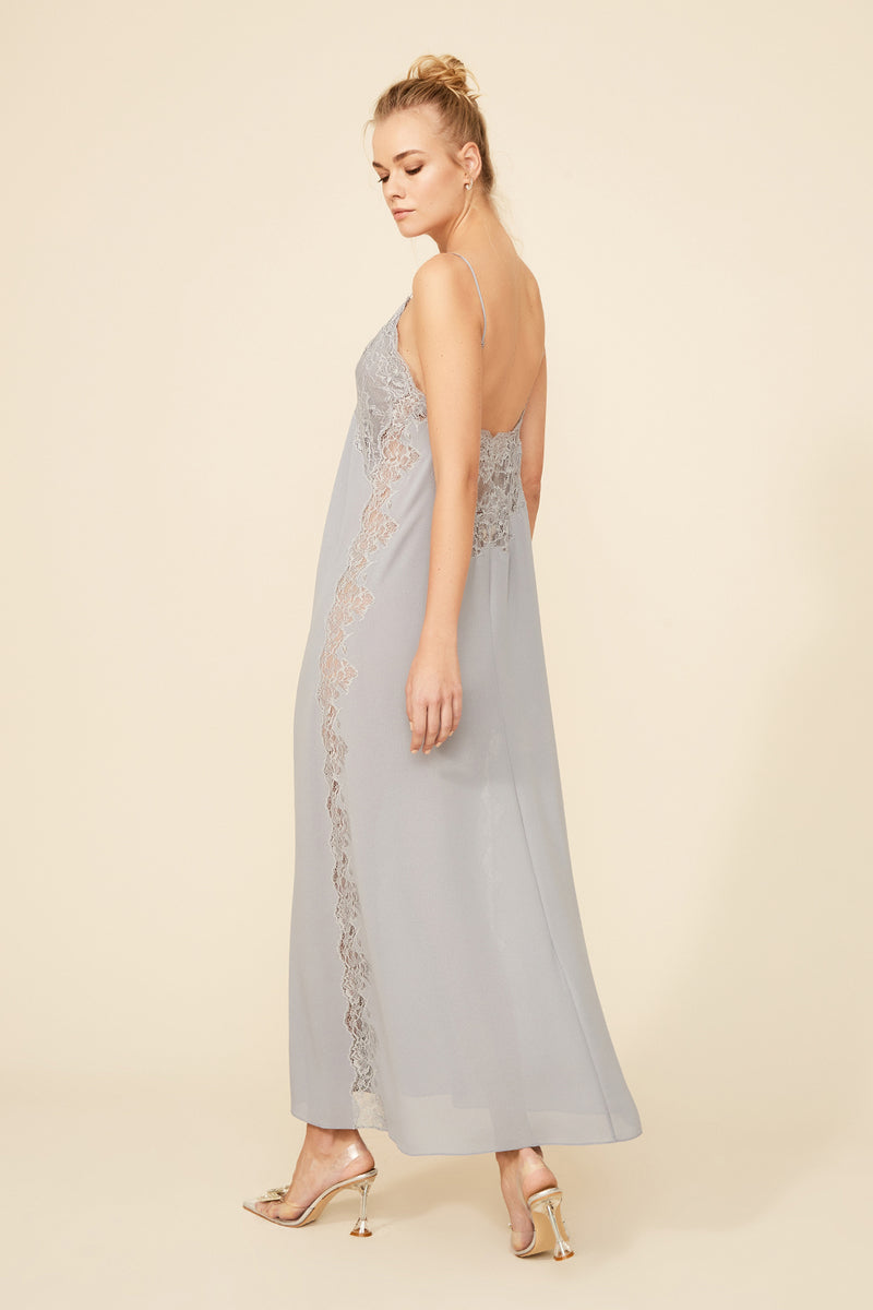 AMY LONG SILKY STRAPPED LIGHT GREY NIGHTGOWN - CULT MIA