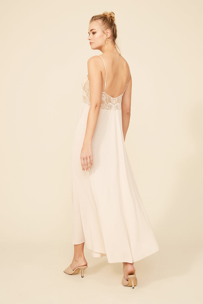 Off-white Rachel long strapped nightgown by Bocan Couture, featuring elegant straps and flowing fabric for a stylish sleepwear look.