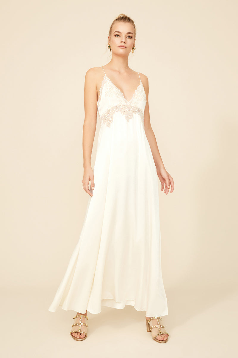 Off-white Rachel long-strapped nightgown by Bocan Couture, flowing fabric with delicate straps, perfect for elegant sleepwear.