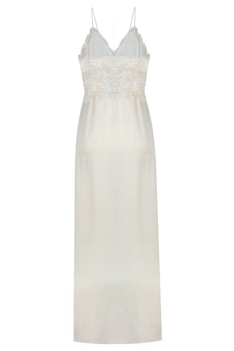 Off-white Rachel long strapped nightgown by Bocan Couture featuring delicate straps and flowing fabric, perfect for elegant sleepwear.