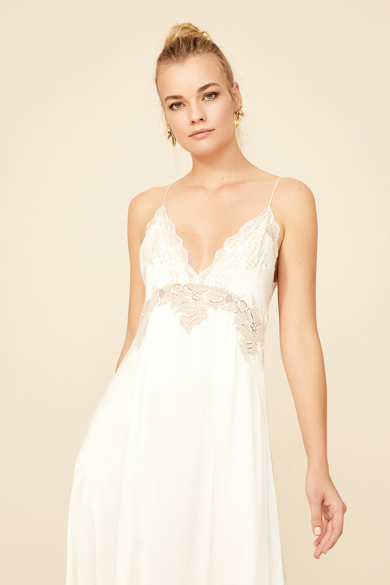 Off-white long nightgown with thin straps from Bocan Couture, featuring a flowing, elegant design perfect for sleepwear.