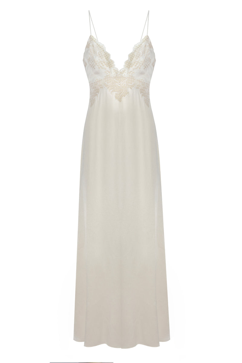 Off-white long strapped nightgown by Bocan Couture featuring a flowing design and delicate straps for comfortable sleepwear.