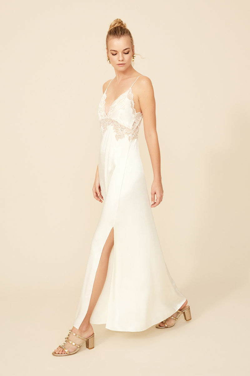 Off-white Rachel long strapped nightgown by Bocan Couture featuring a flowing design and delicate straps.