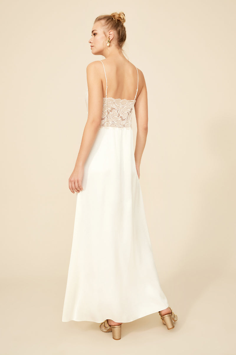 Off-white Bocan Couture Rachel long strapped nightgown with delicate spaghetti straps and flowing fabric.