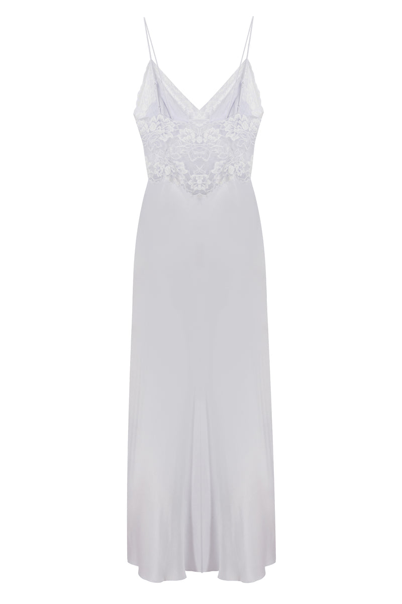 Ice blue Caroline long strapped nightgown by Bocan Couture, soft fabric with delicate straps and flowing design.