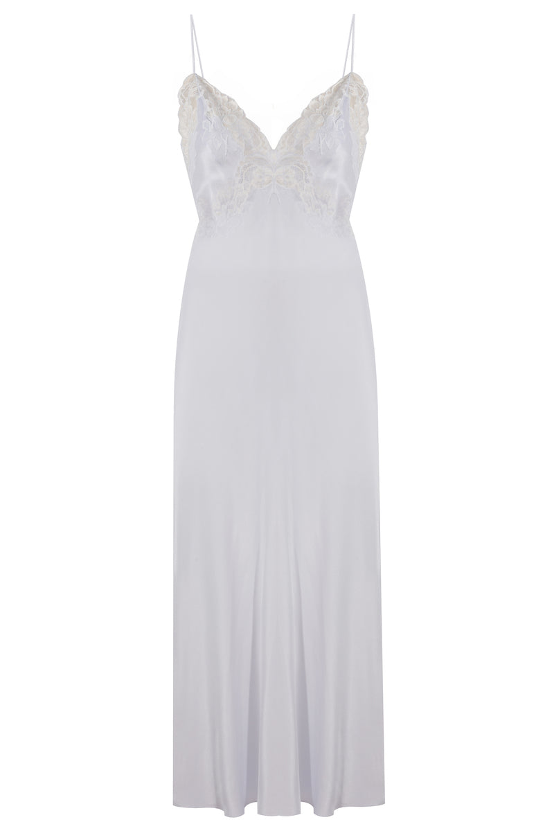 Ice blue nightgown with long straps by Bocan Couture, featuring a flowing, elegant design perfect for comfortable sleepwear.