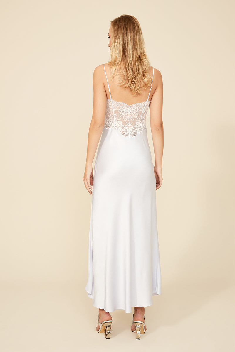Ice blue Caroline long strapped nightgown by Bocan Couture, featuring delicate straps and flowing fabric.