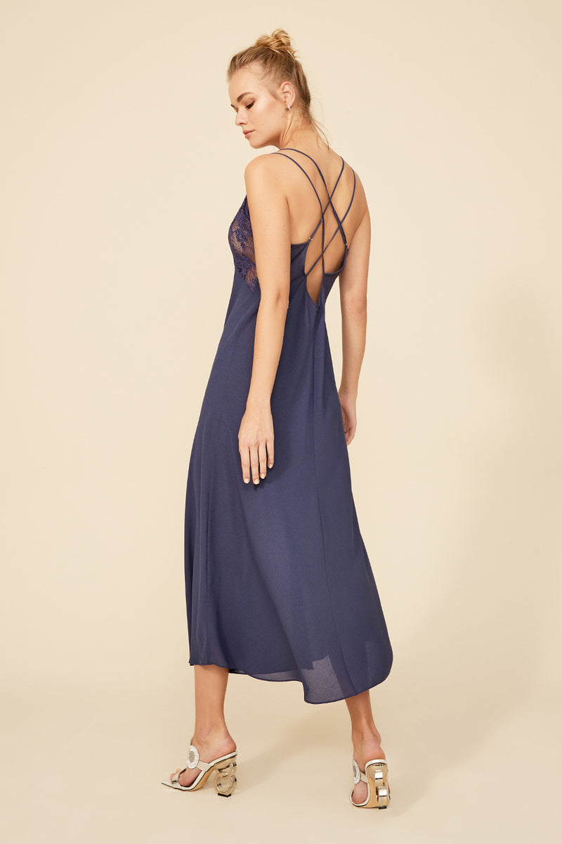 ROXIE LONG STRAPPED SILKY CREPE NAVY NIGHTGOWN - CULT MIA